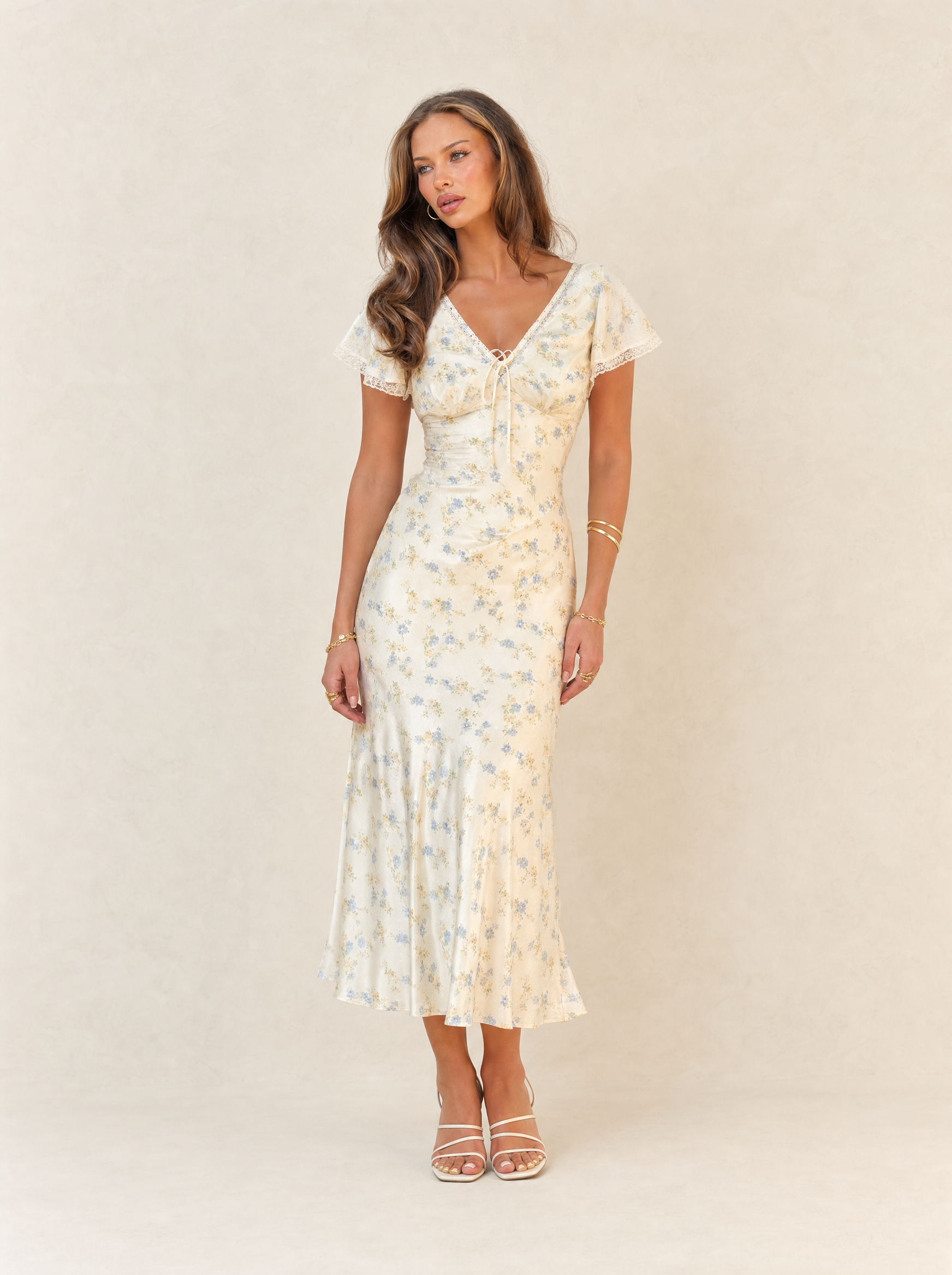 Ruffle-Neck Floral Satin Midi Dress – primary product view