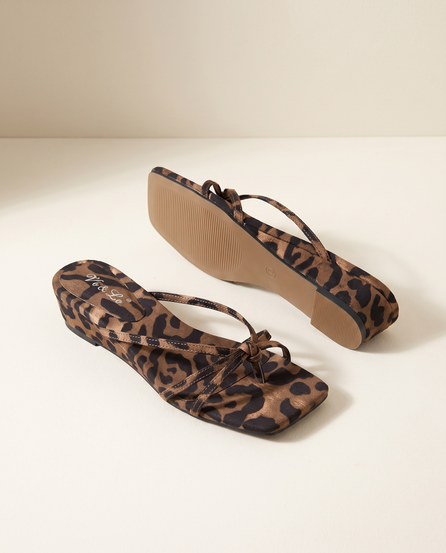 Freya Elegant Leopard-Print Wedge Flip-Flops — detail view