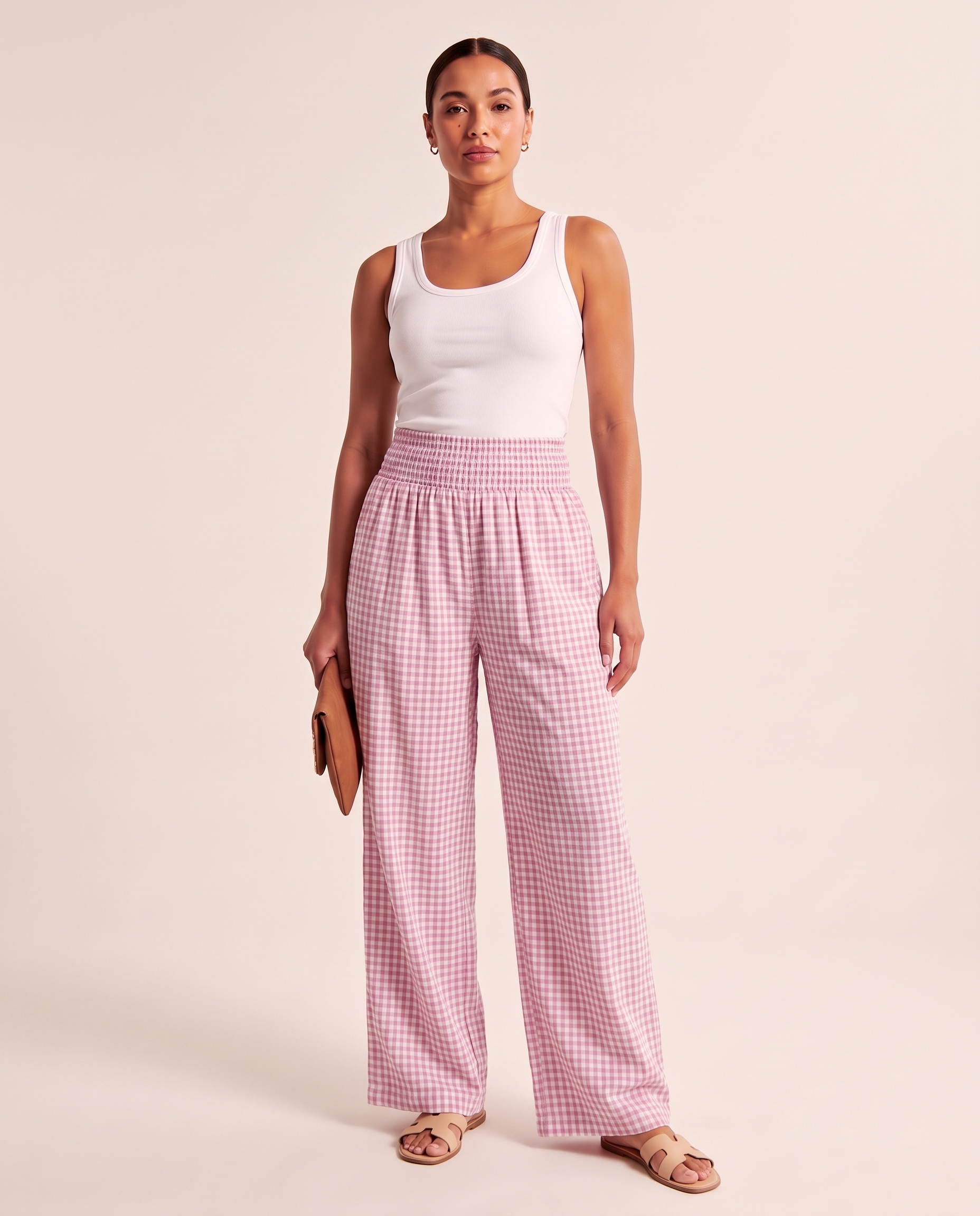 Gingham Wide Leg Trousers – Pink front