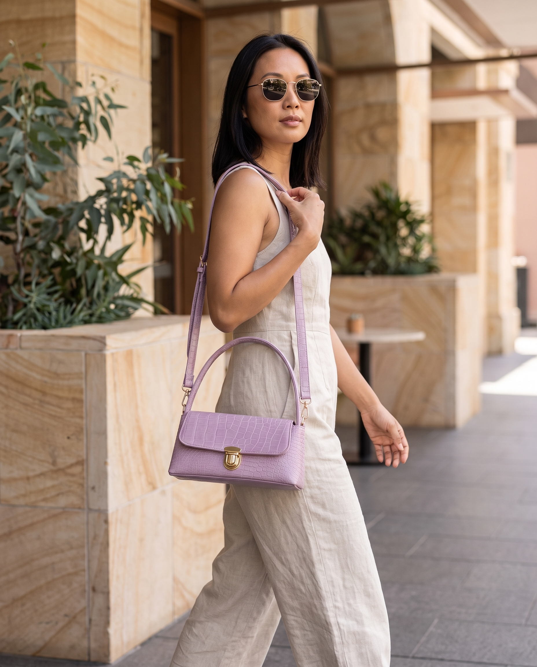 Giselle lavender mini bag walking lifestyle view
