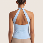 Halter Crop Top with Buckle Detail and Open Back — full-length studio back view on a warm ivory seamless background