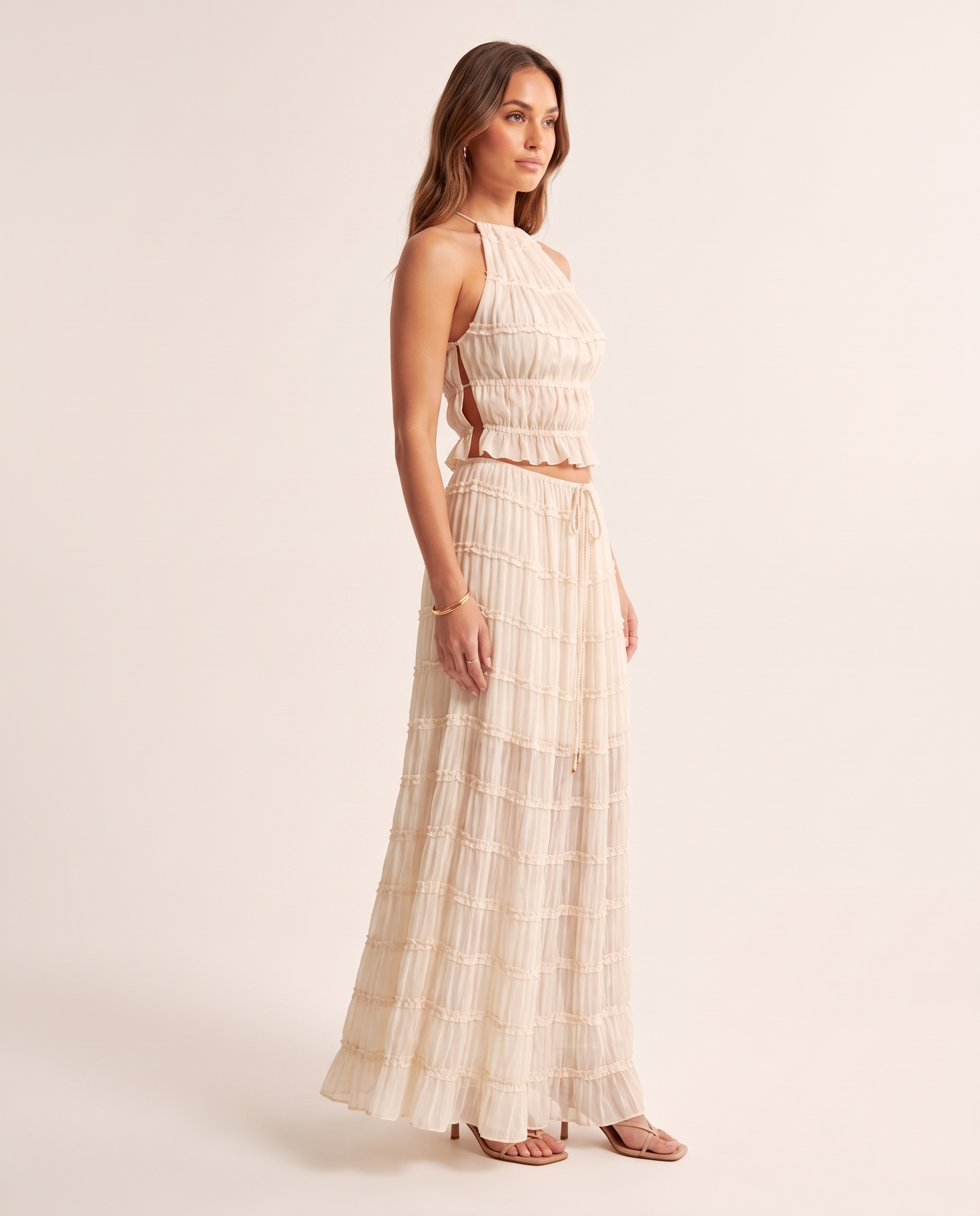 Halter Neck Top and Foldable Maxi Skirt Set – three-quarter view