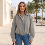 Hazel Cropped Plaid Zip Bomber Jacket – Australian lifestyle view