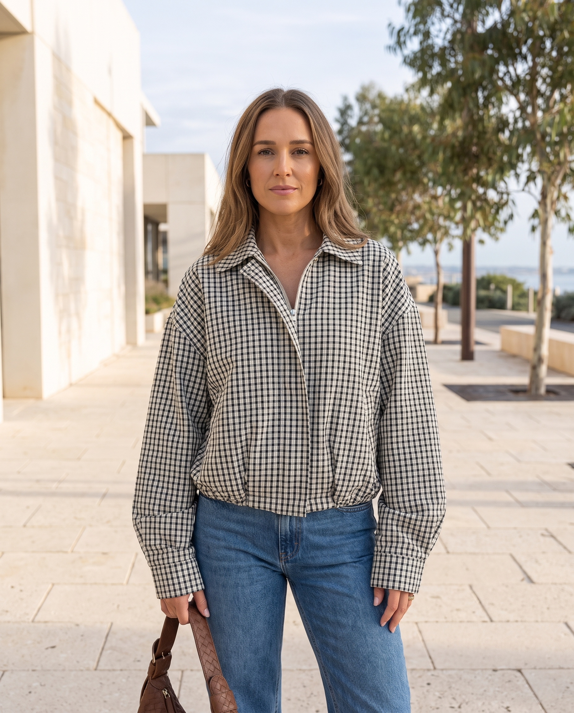 Hazel Cropped Plaid Zip Bomber Jacket – Australian lifestyle view