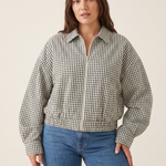 Hazel Cropped Plaid Zip Bomber Jacket – studio front view