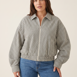 Hazel Cropped Plaid Zip Bomber Jacket – studio front view
