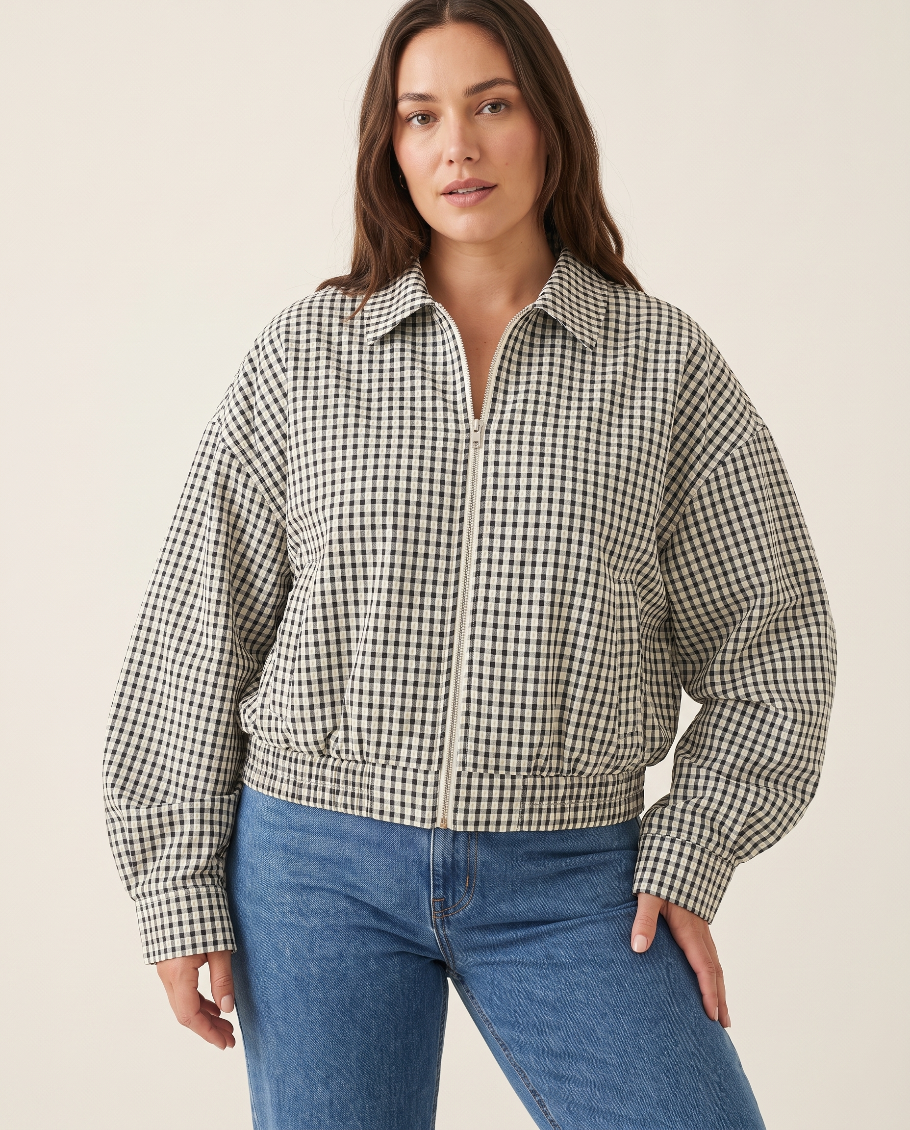 Hazel Cropped Plaid Zip Bomber Jacket – studio front view