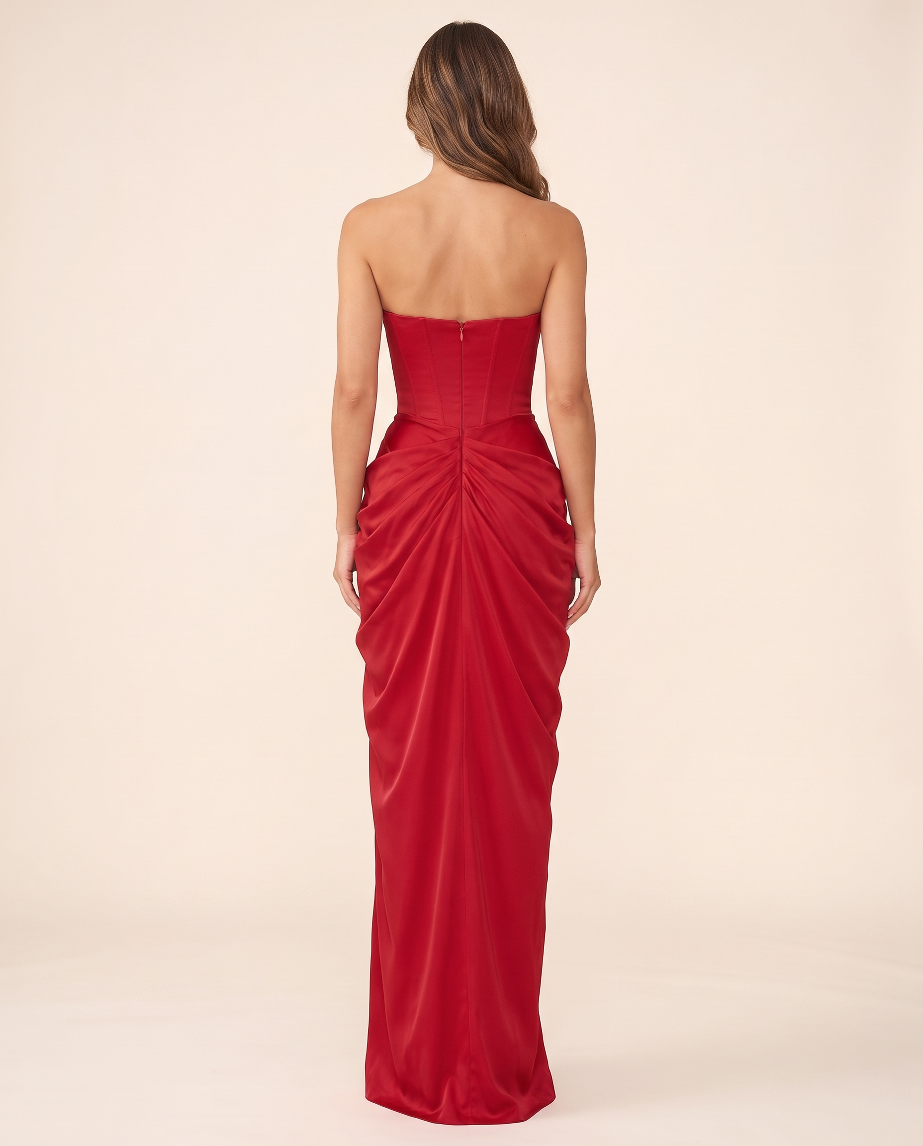 Sable Strapless Corset Drape Maxi Dress — back studio