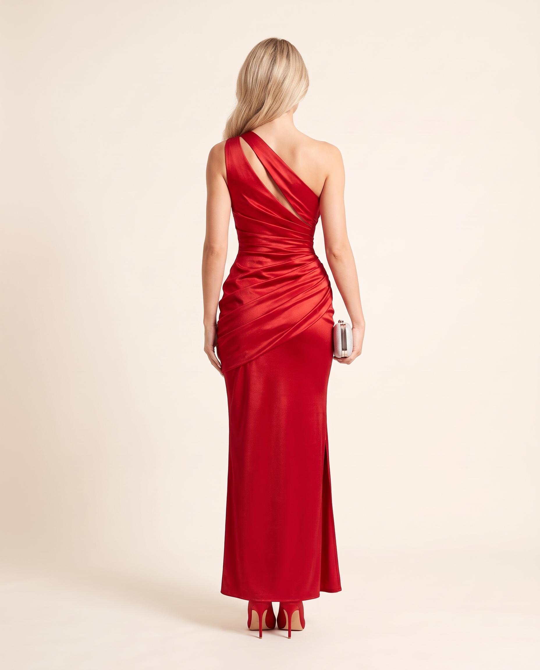Selene One-Shoulder Cutout Satin Maxi Dress — back studio