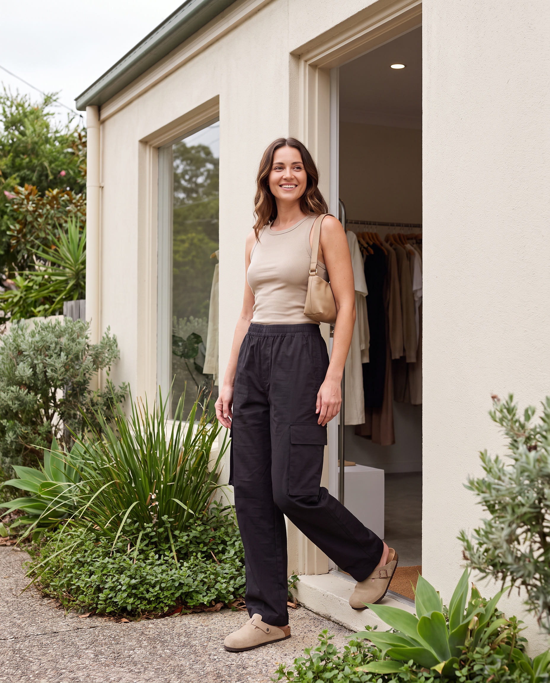 Cargo Pants with Pockets in Black, full outfit lifestyle view