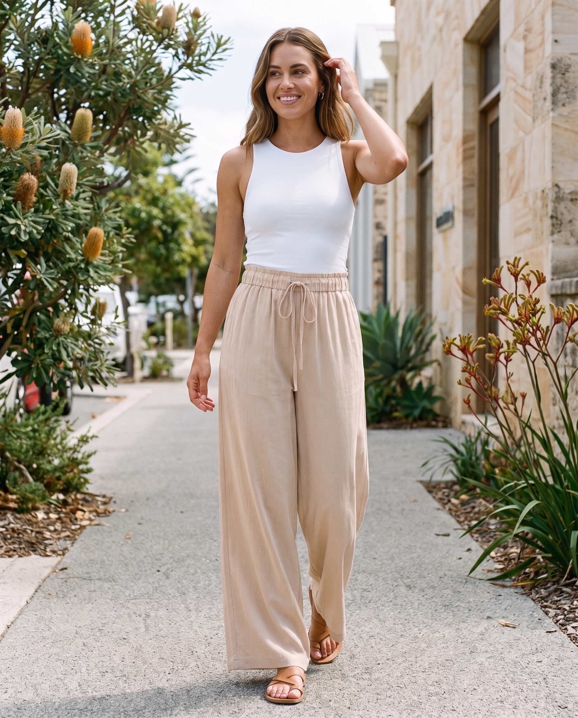 Drawstring Straight Leg Pants, full outfit walking in Perth