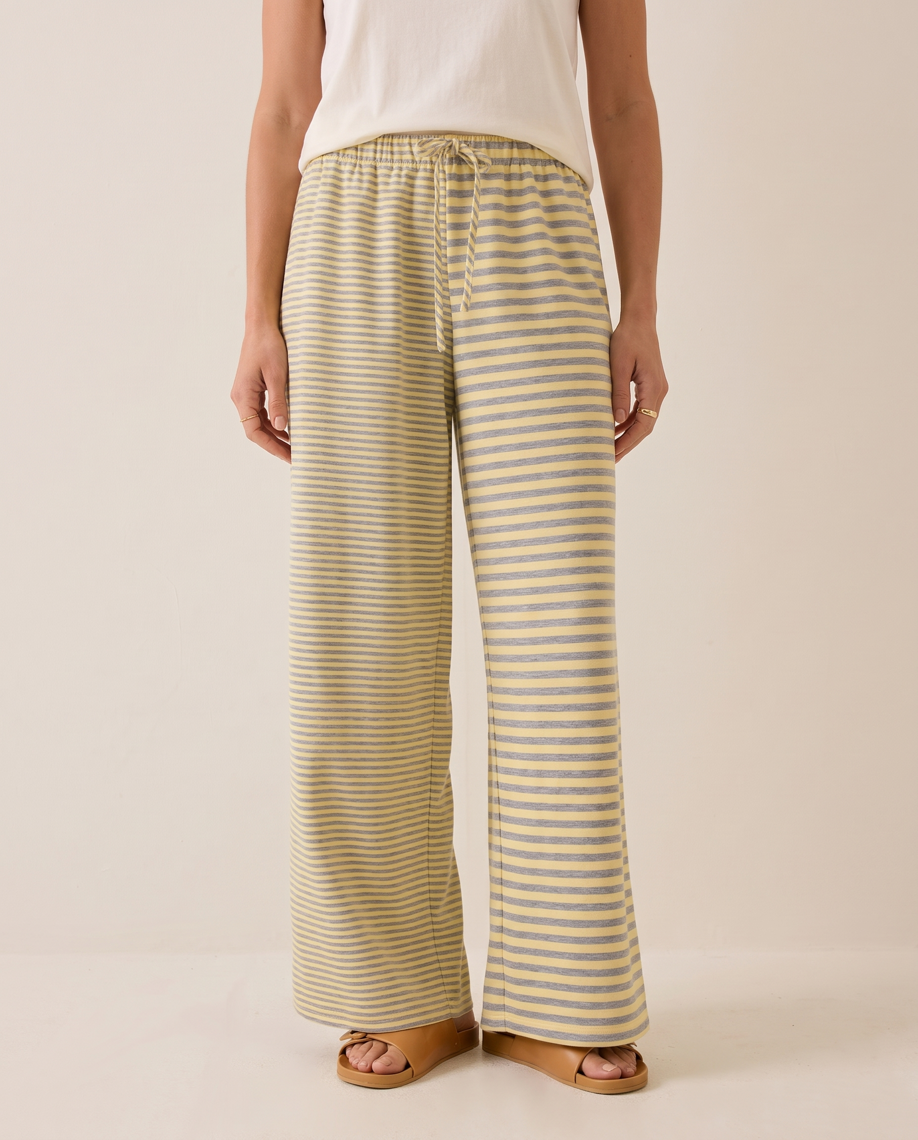 Yellow Stripe Drawstring Wide Leg Pants in Yellow – studio view