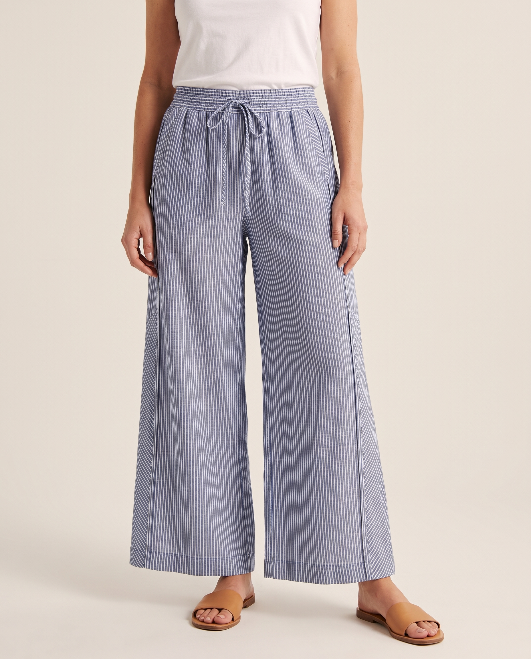 Blue Stripe Linen Blend Wide Leg Pants in Blue – studio view