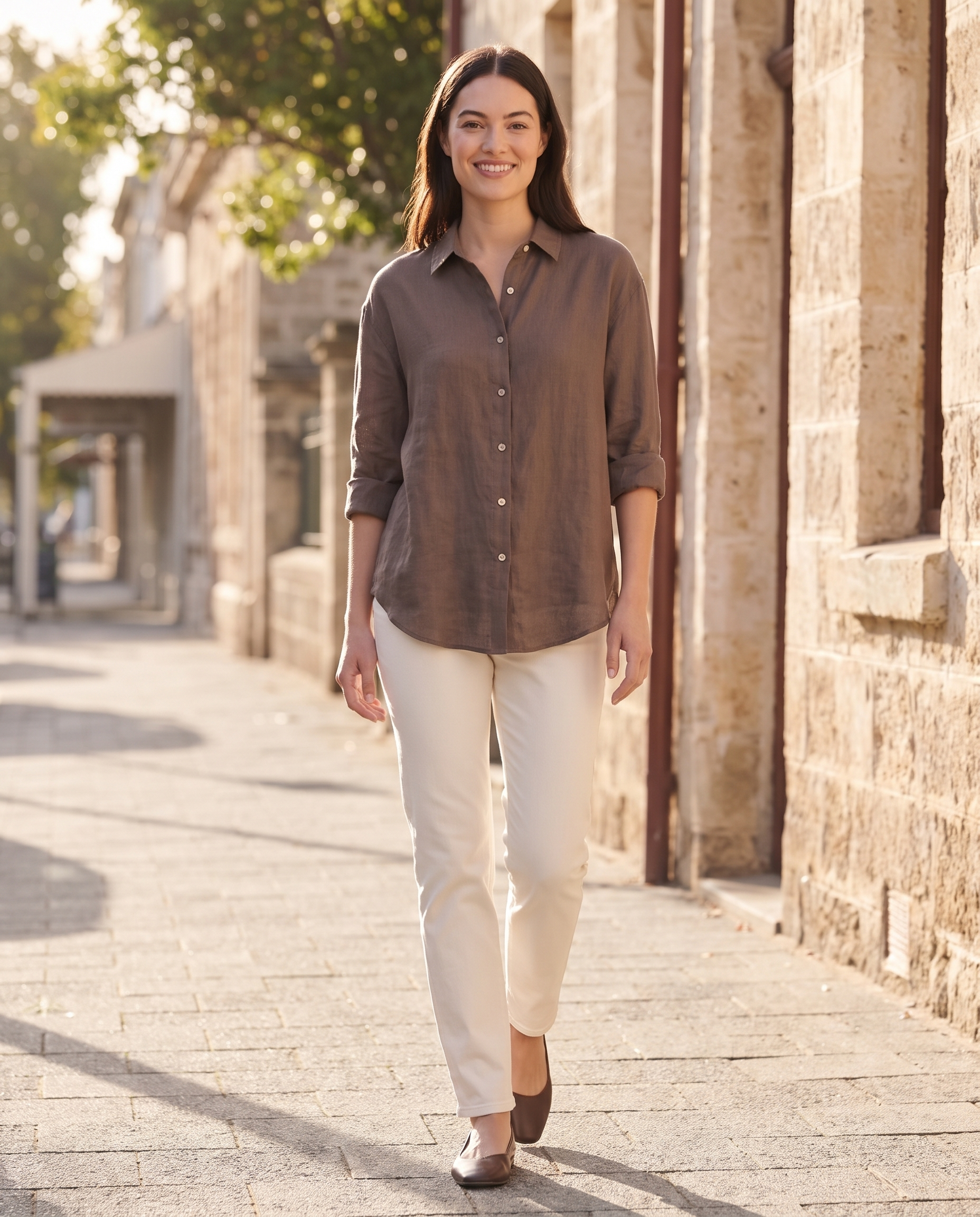 Relaxed Linen Look Button Front Shirt in Brown – Australian lifestyle view [RN201]