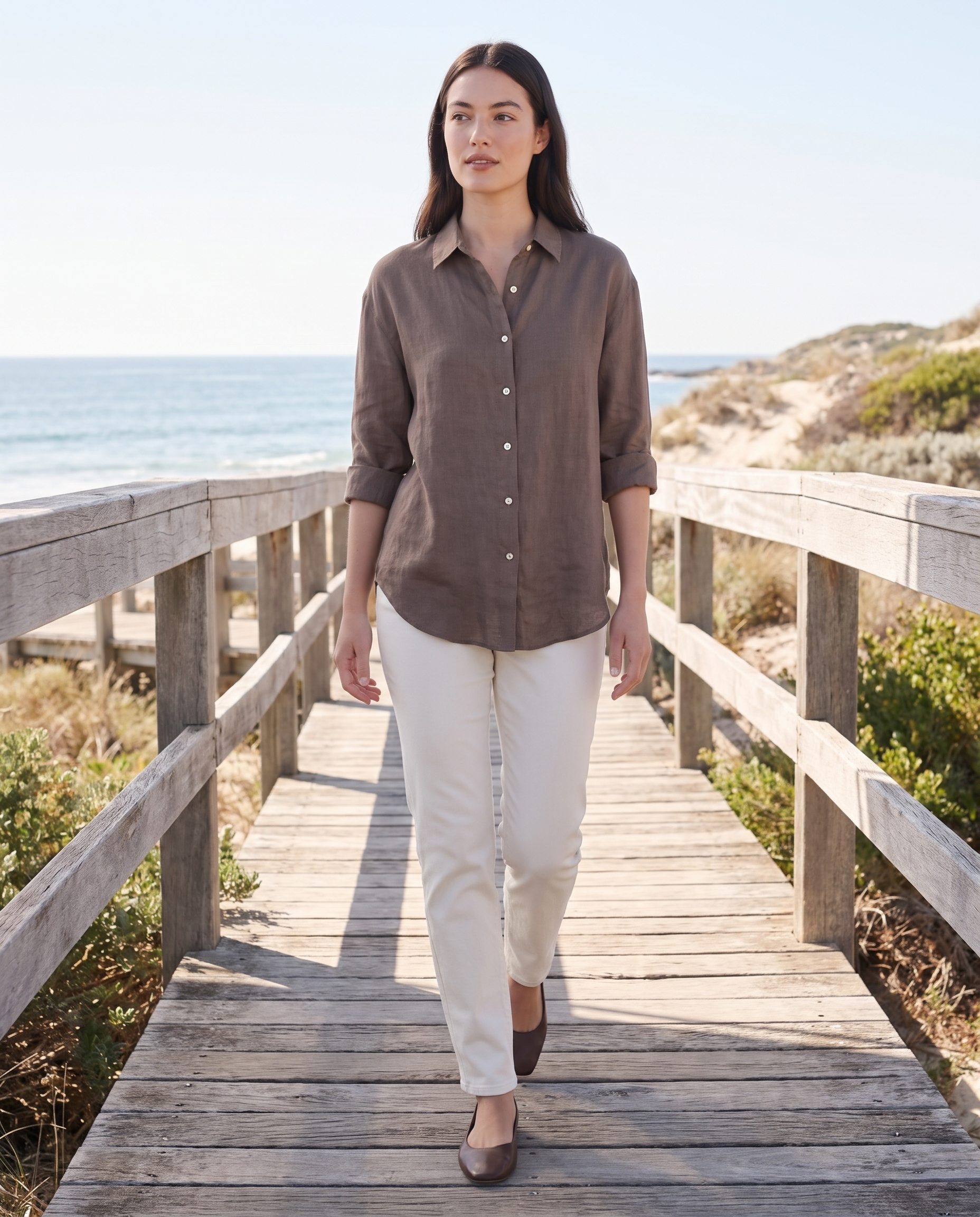 Relaxed Linen Look Button Front Shirt in Brown – Australian lifestyle view [RN202]