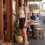 High Waist A Line Mini Skort in Burgundy – three-quarter lifestyle [RN1304]