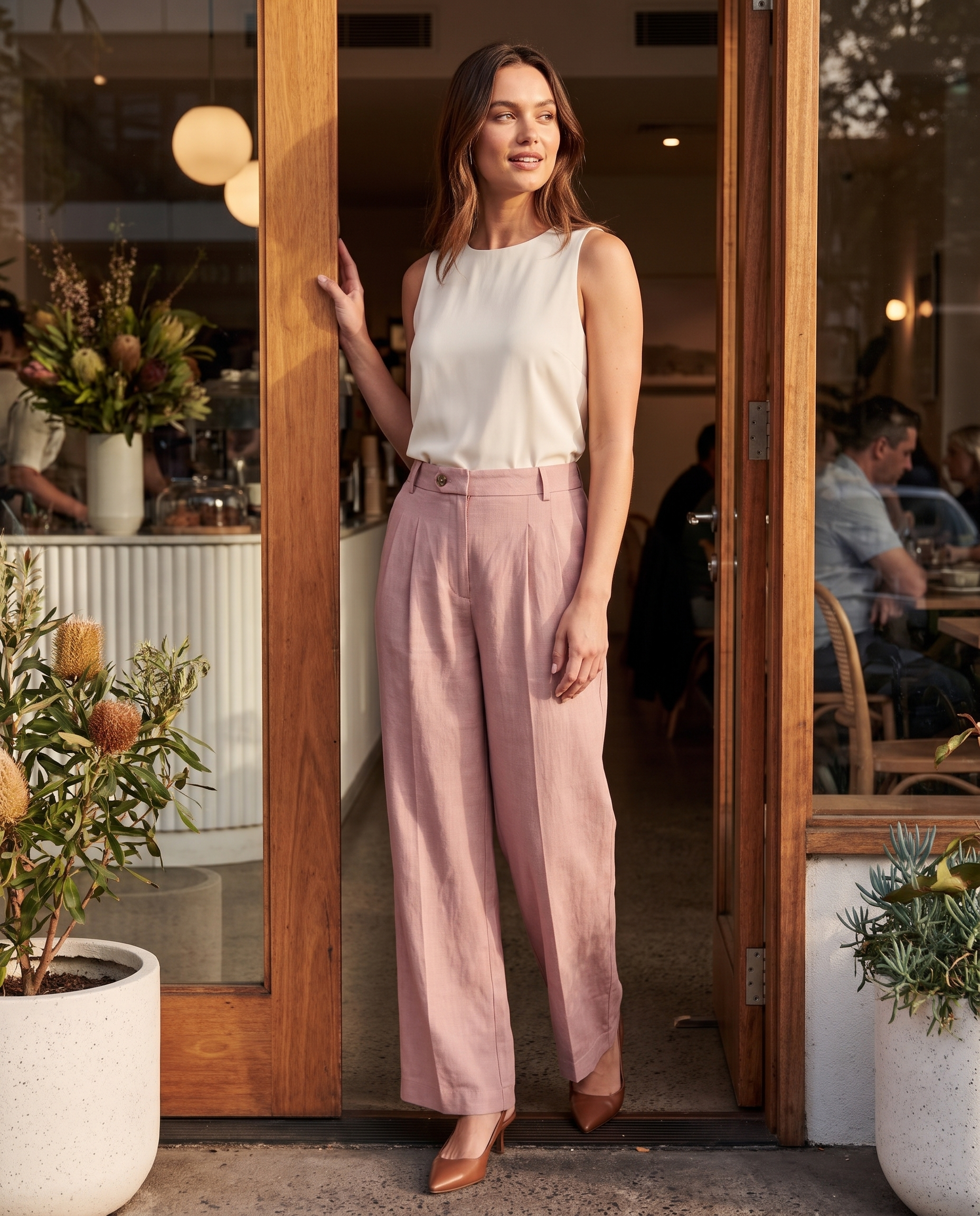 Pink Linen Blend Wide Leg Trousers in Pink – Australian lifestyle view