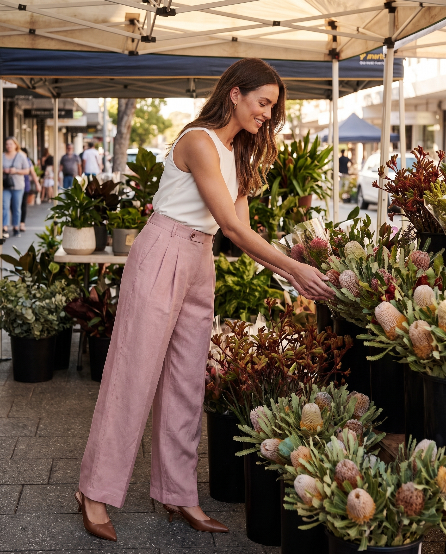 Pink Linen Blend Wide Leg Trousers in Pink – Australian lifestyle view