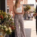 Zebra Print Linen Blend Wide Leg Pants in Brown Ivory – Australian lifestyle view