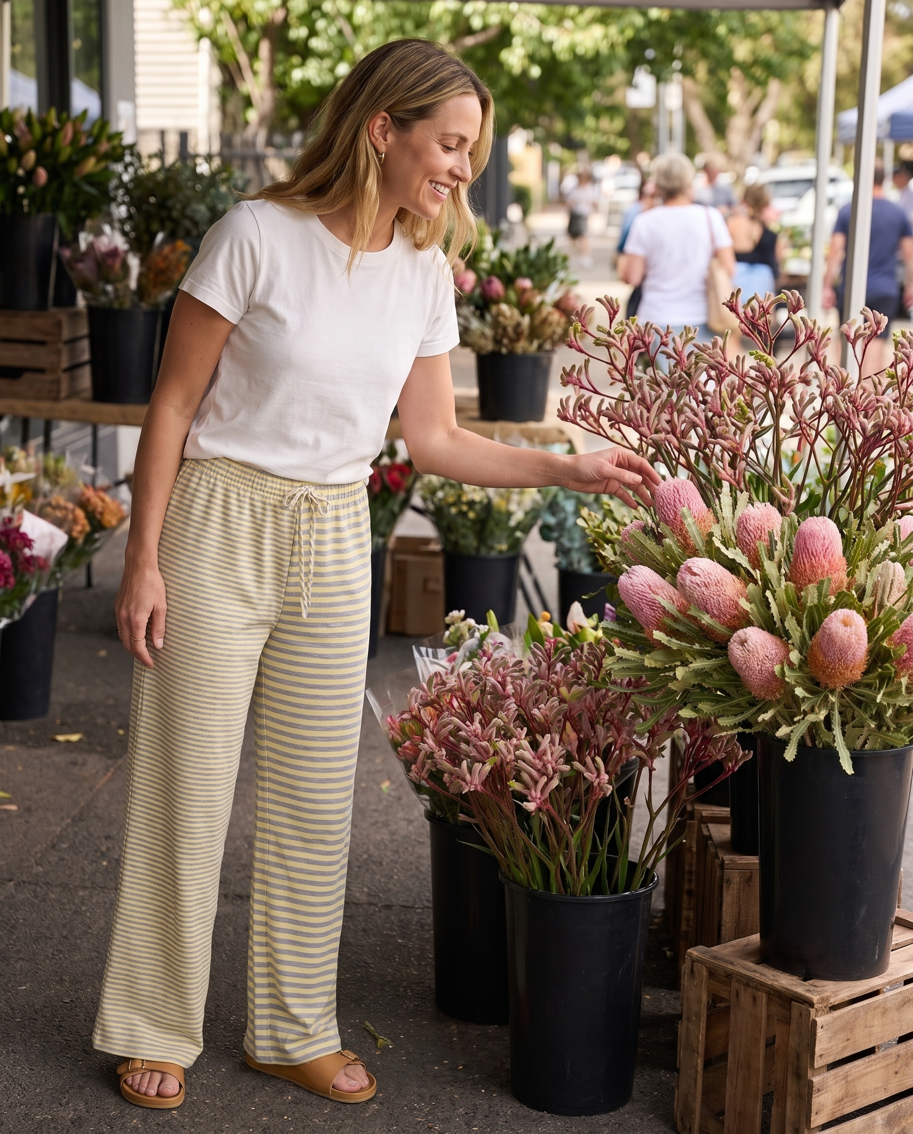 Yellow Stripe Drawstring Wide Leg Pants in Yellow – Australian lifestyle view