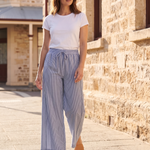 Blue Stripe Linen Blend Wide Leg Pants in Blue – Australian lifestyle view
