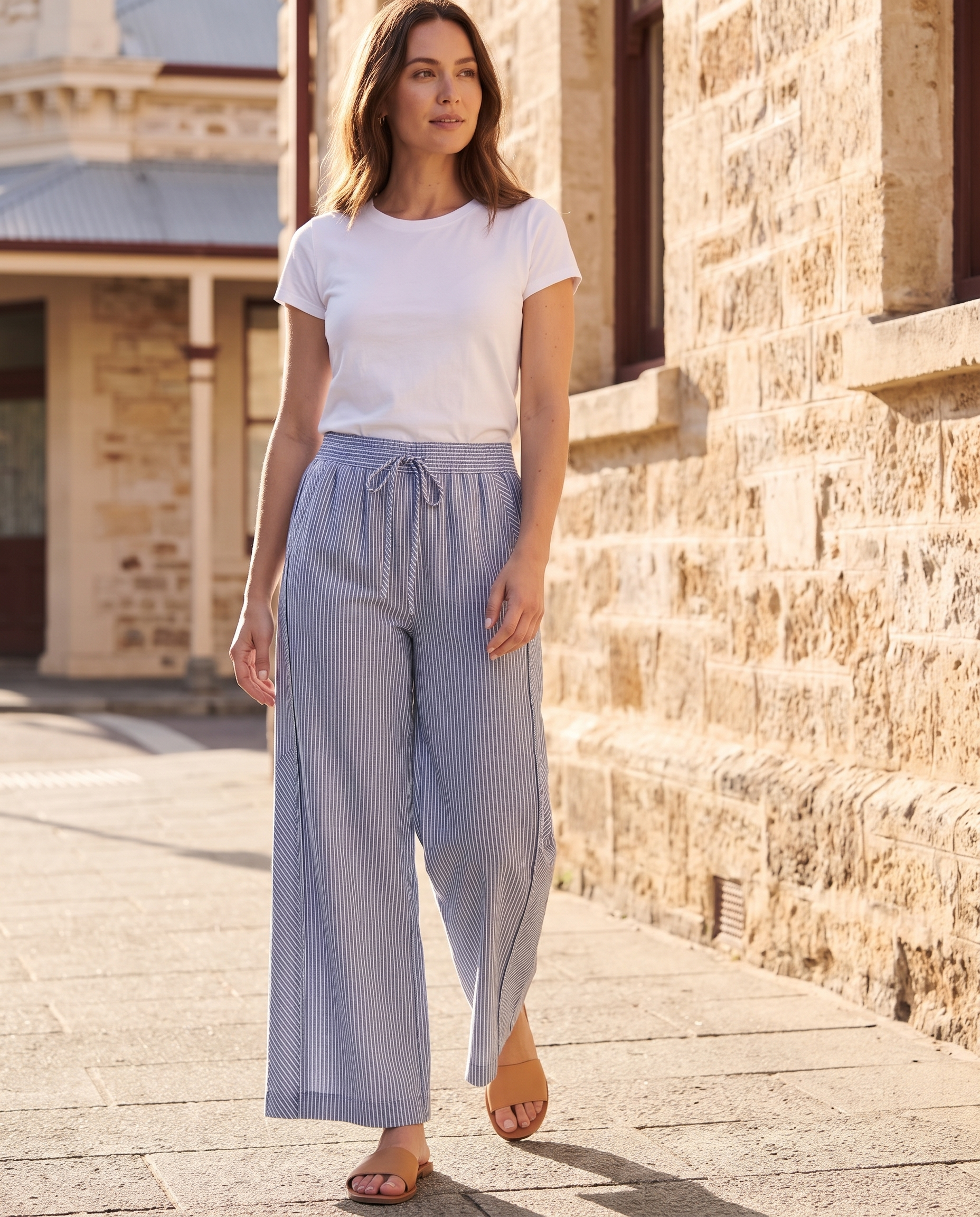Blue Stripe Linen Blend Wide Leg Pants in Blue – Australian lifestyle view