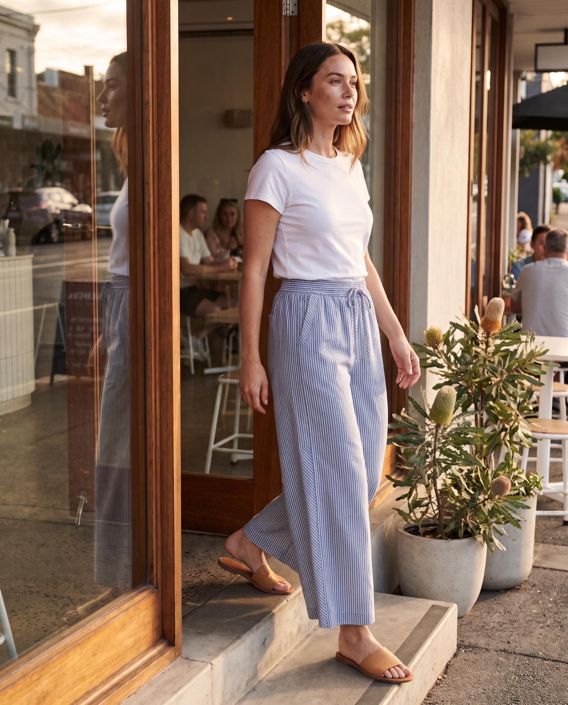 Blue Stripe Linen Blend Wide Leg Pants in Blue – Australian lifestyle view