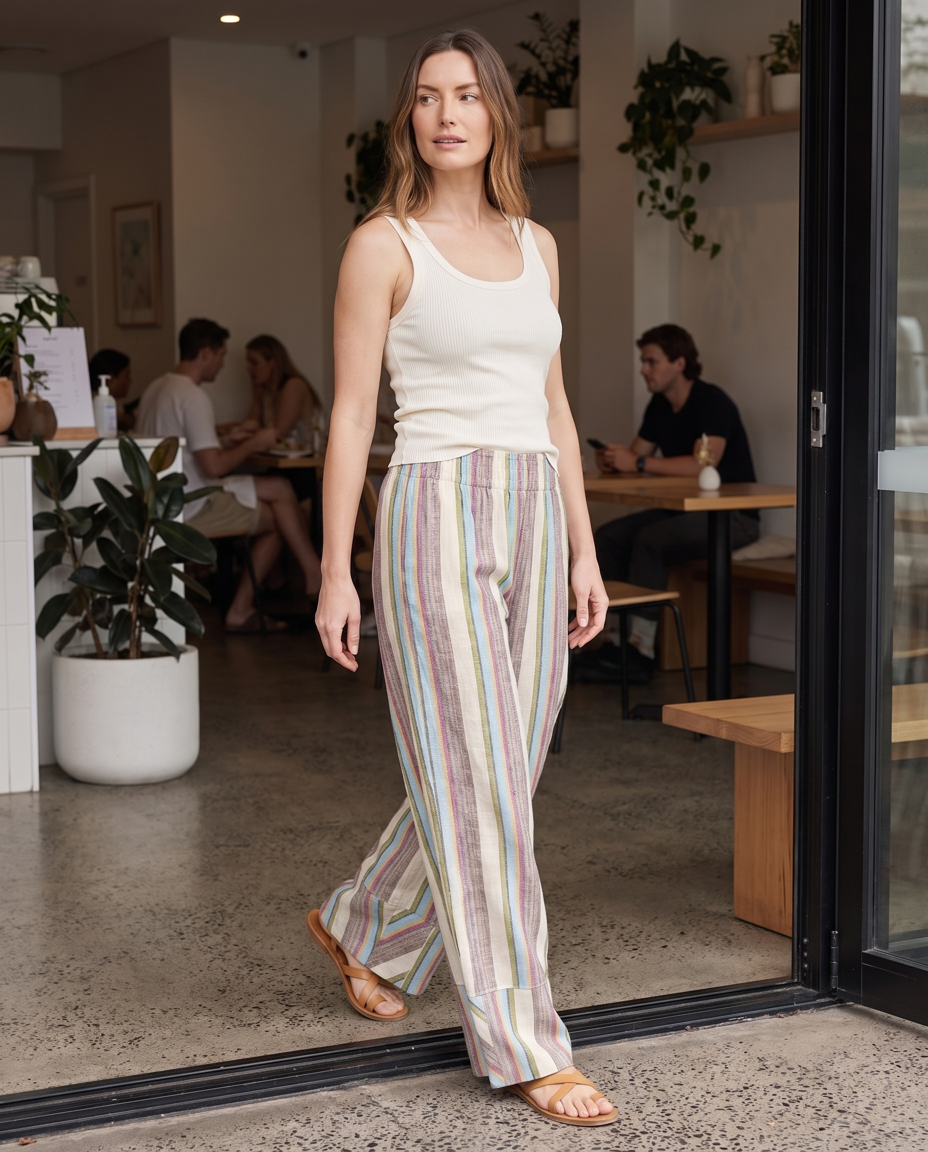 Multicolour Stripe Linen Blend Palazzo Pants in Multicolour – Australian lifestyle view
