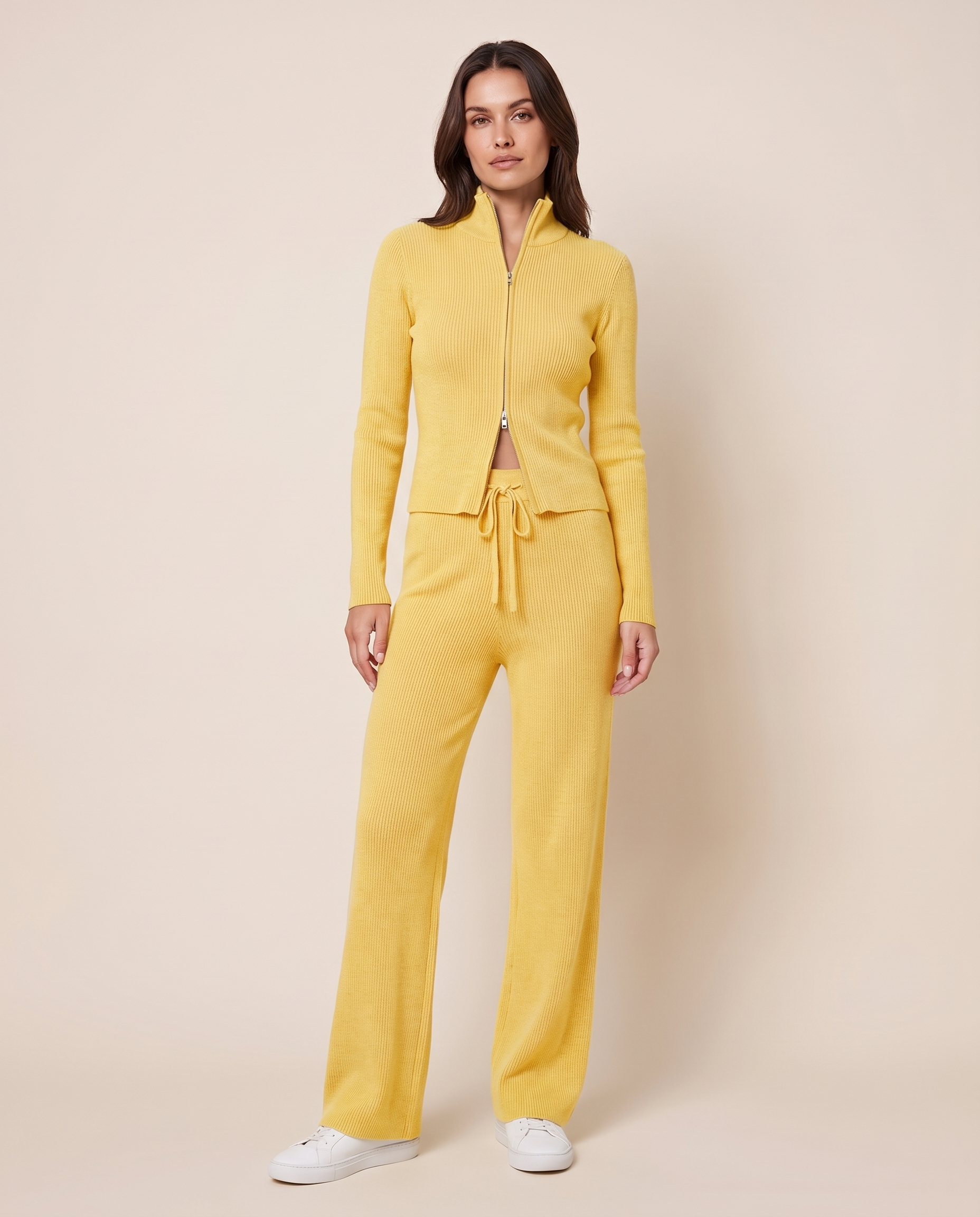 Ribbed Zip Cardigan and Wide Leg Trouser Set — Yellow, studio view