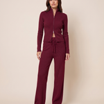 Ribbed Zip Cardigan and Wide Leg Trouser Set — Burgundy, studio view