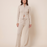 Ribbed Zip Cardigan and Wide Leg Trouser Set — Beige, studio view