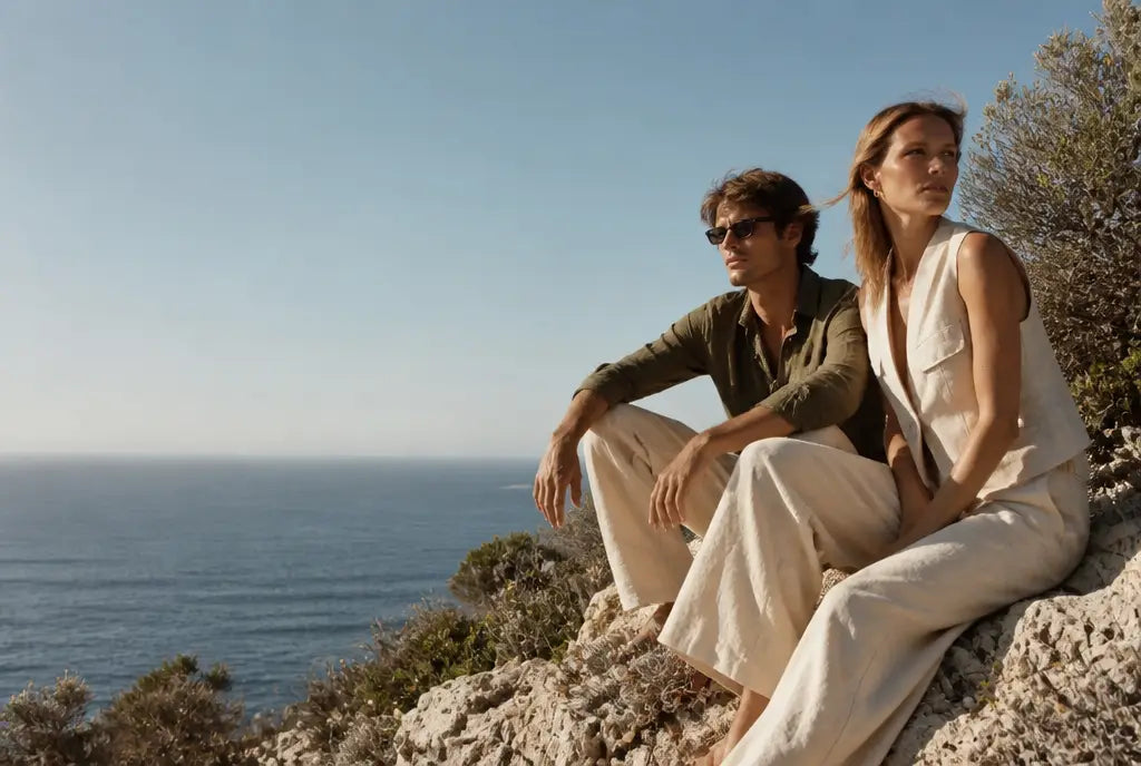 Two editorial silhouettes in relaxed layers in a sunlit stone passage.