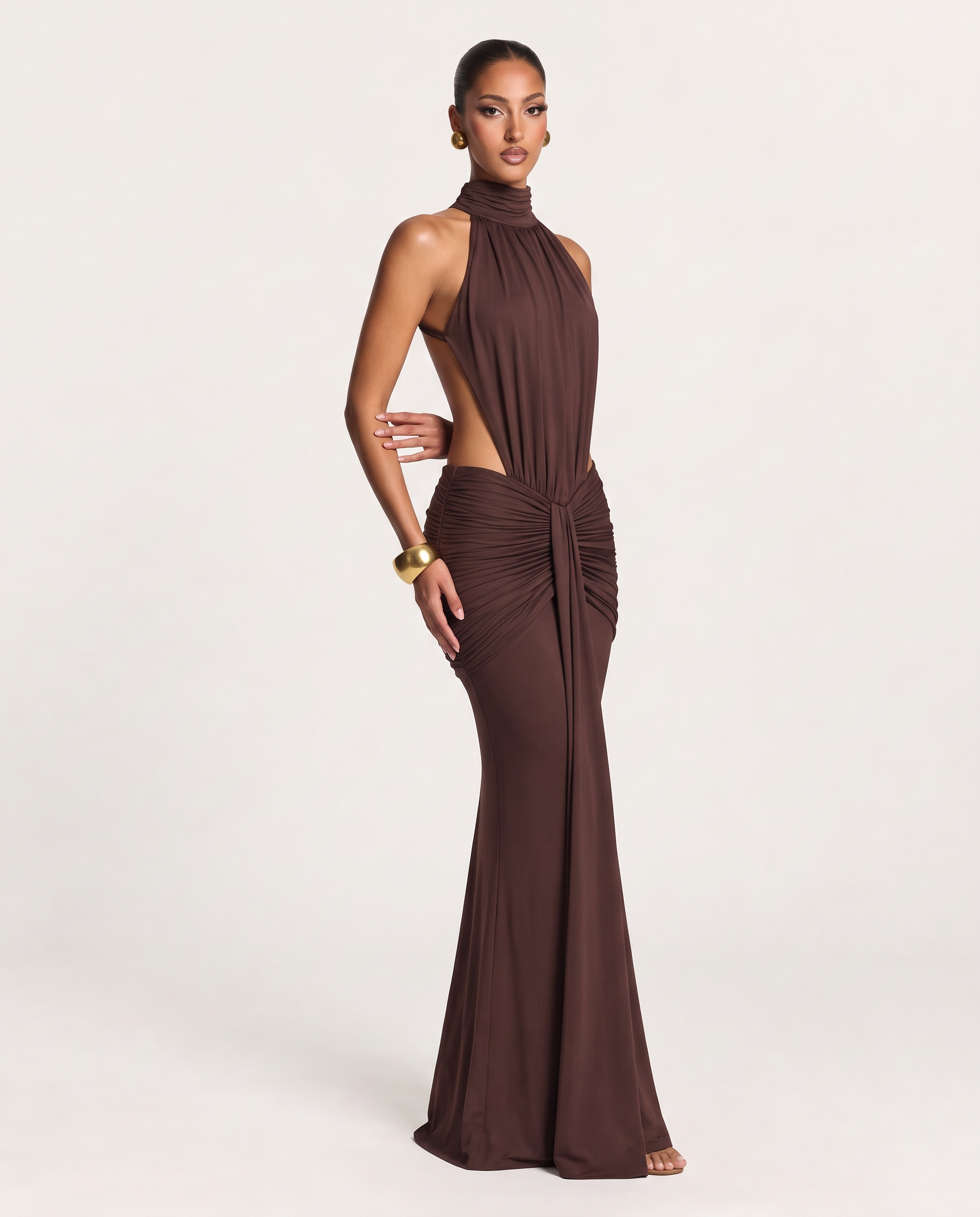 High Neck Backless Maxi Dress with Ruched Waist – alternate product view