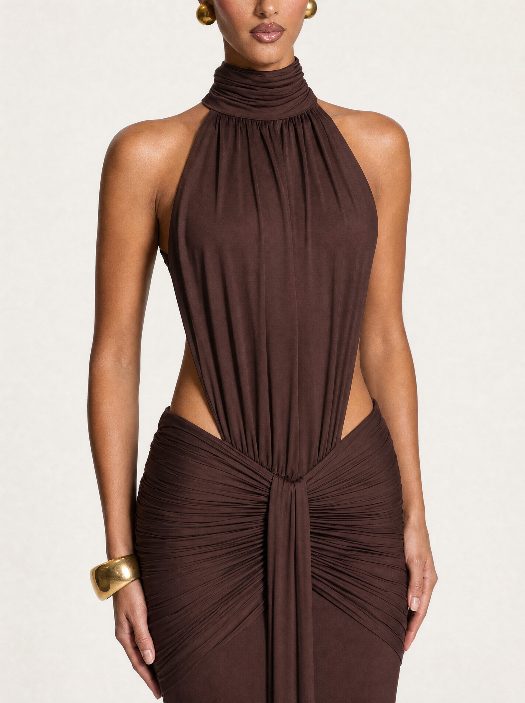 High Neck Backless Maxi Dress with Ruched Waist – product detail view 1