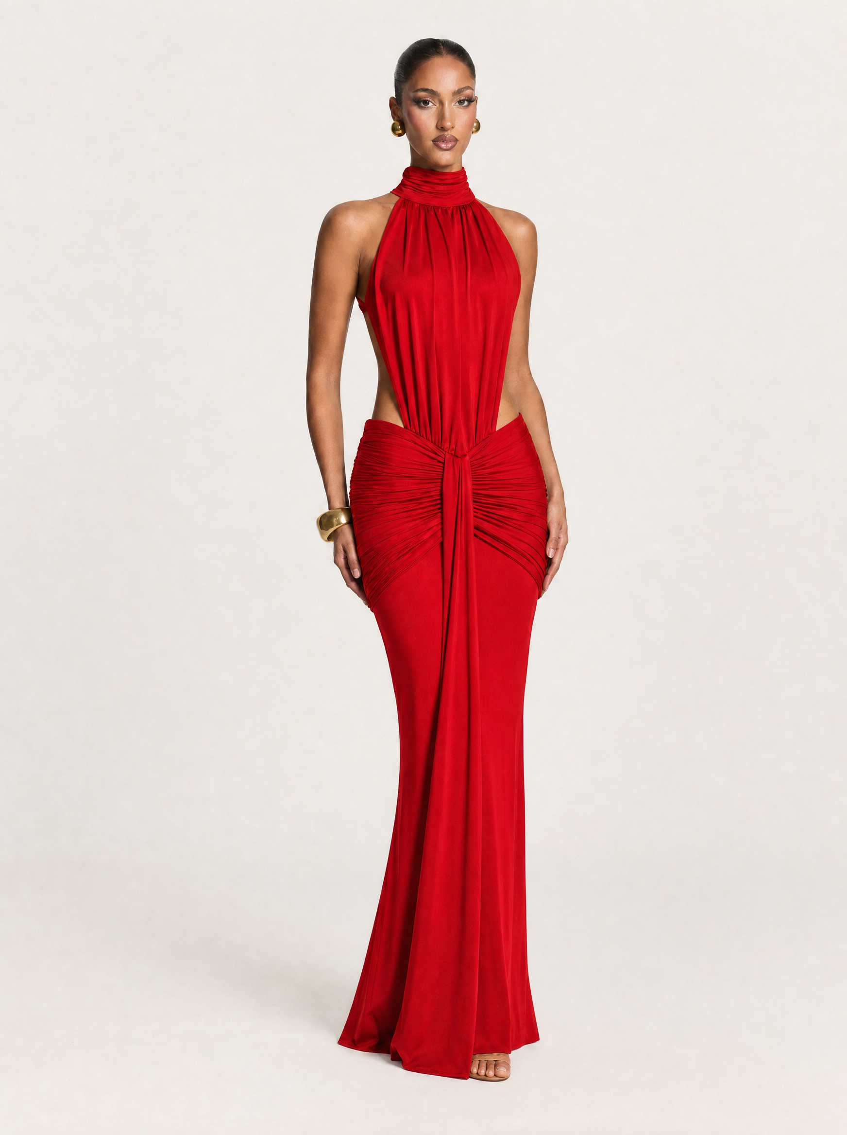 High Neck Backless Maxi Dress with Ruched Waist – product detail view 5