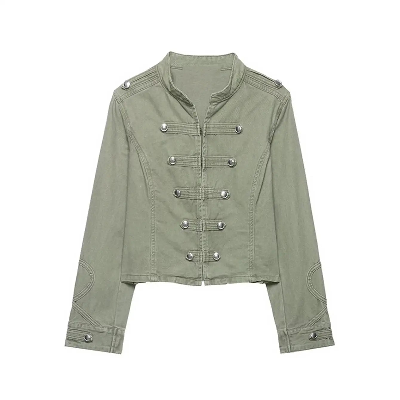 Indigo Cropped Denim Stand-Collar Jacket – Green – product variant