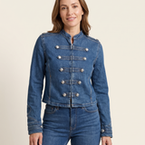 Indigo Cropped Denim Stand-Collar Jacket – studio front view