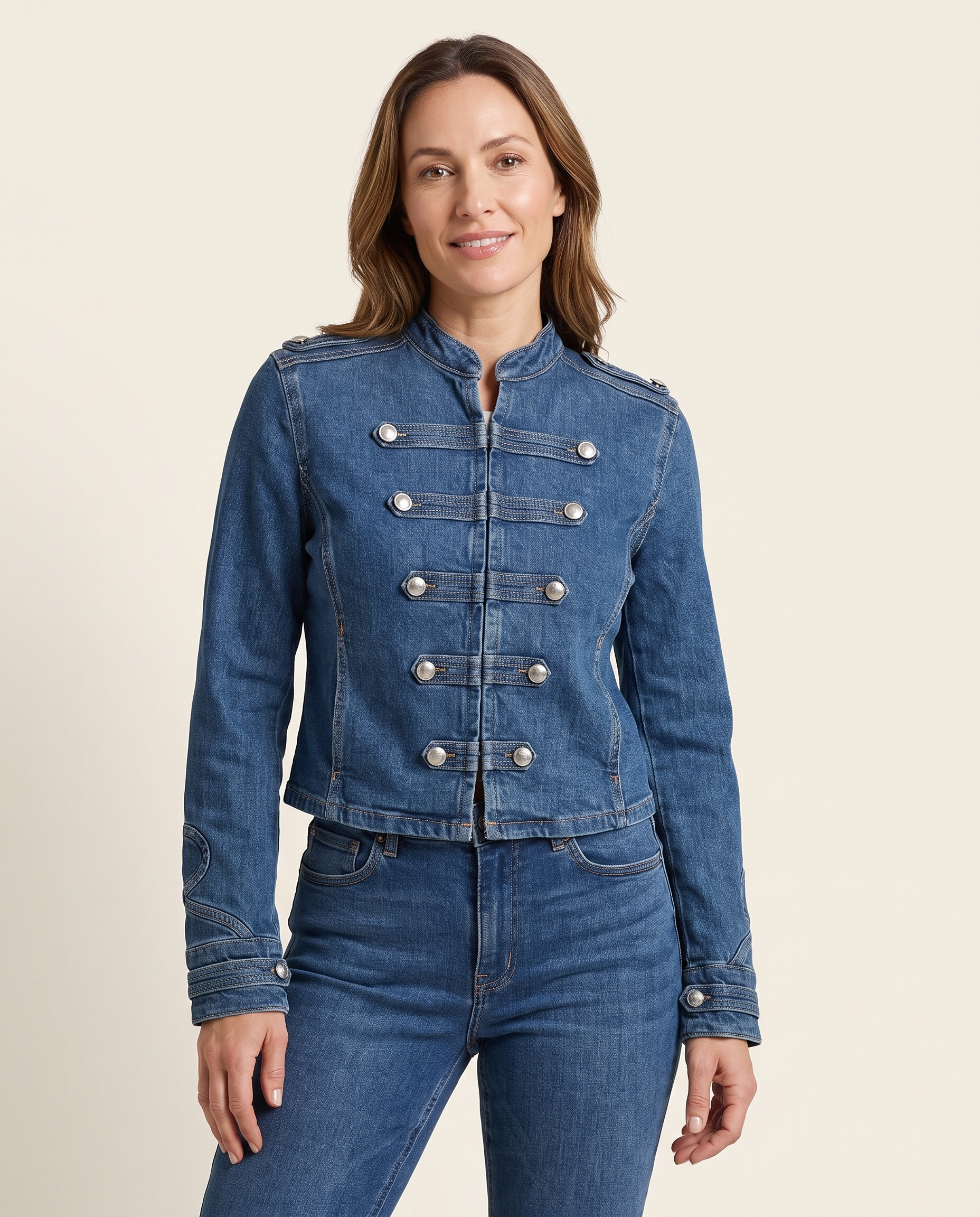 Indigo Cropped Denim Stand-Collar Jacket – studio front view