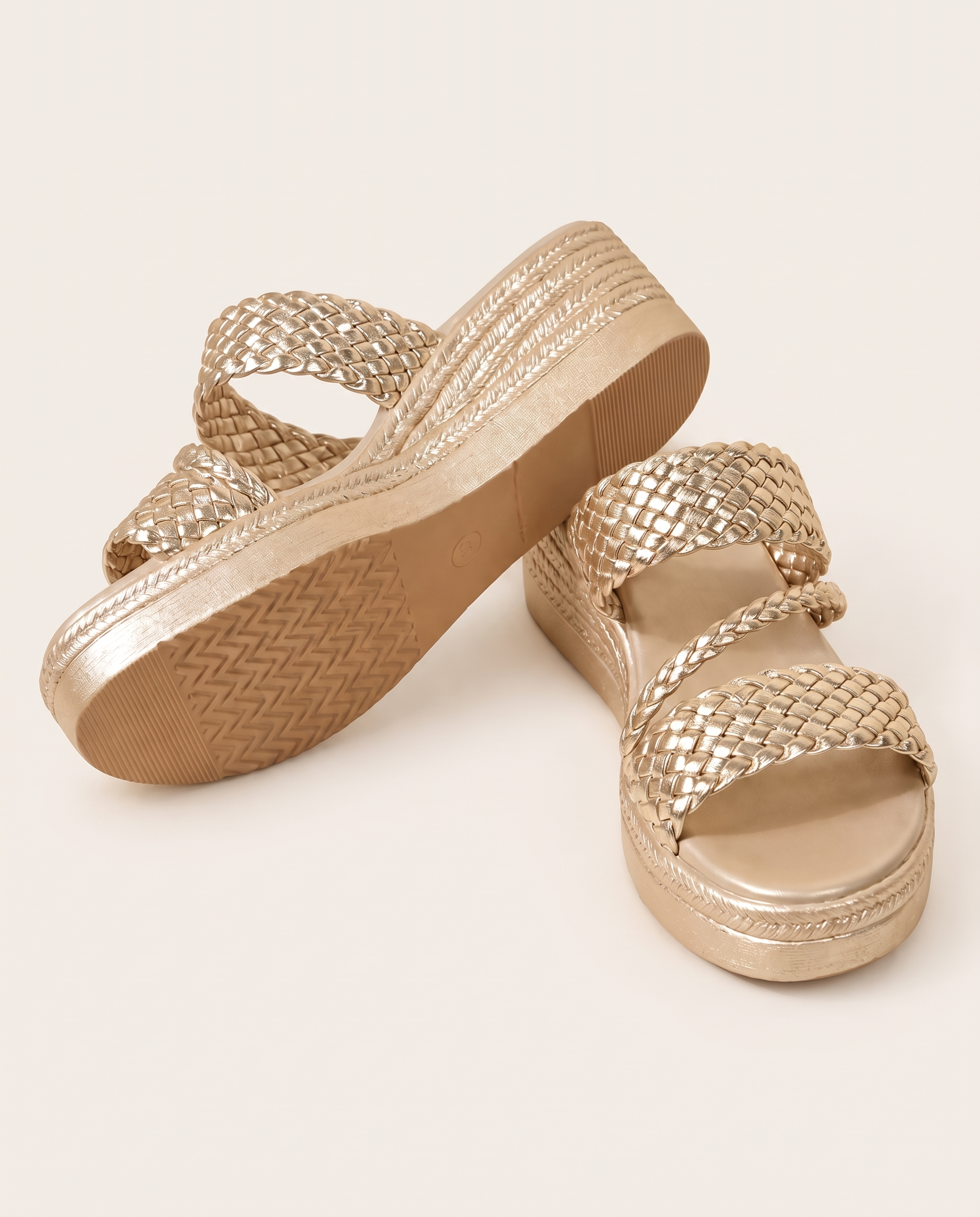 Joelle Comfortable Floral Platform Sandals gold rear and sole view