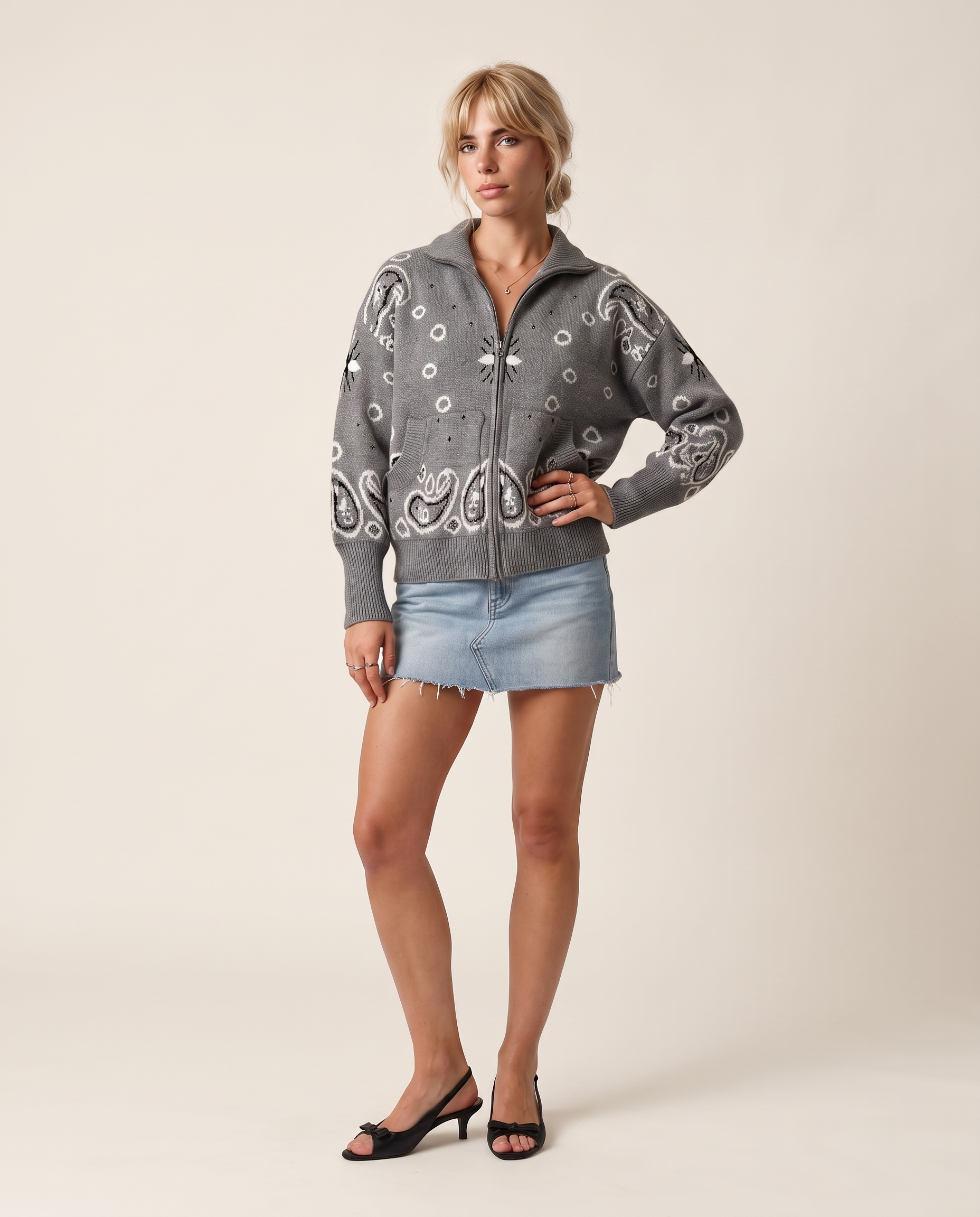Grey Paisley-Print Zip Turtleneck Cardigan — product view 4
