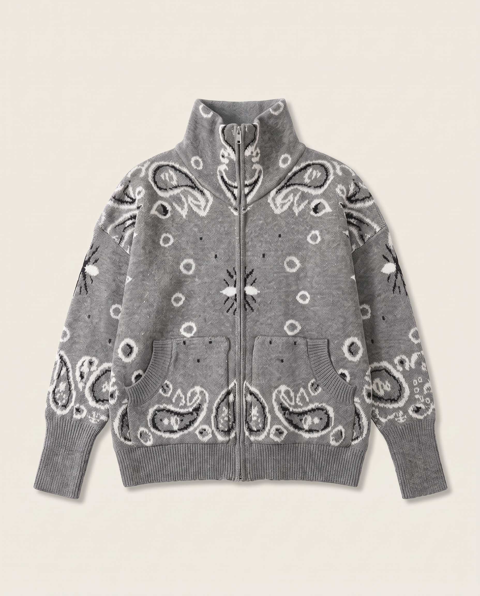 Grey Paisley-Print Zip Turtleneck Cardigan — product view 3