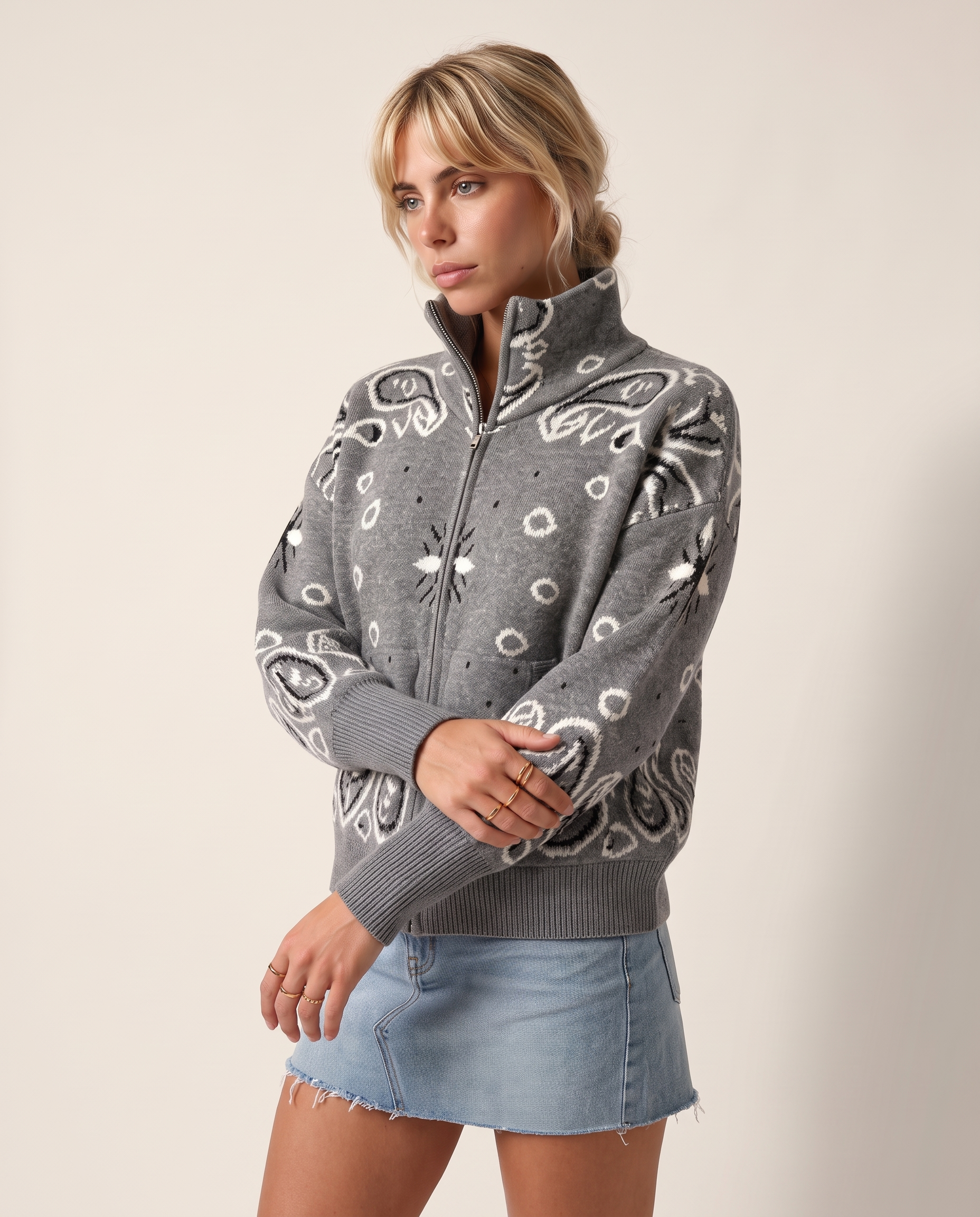 Grey Paisley-Print Zip Turtleneck Cardigan — product view 5