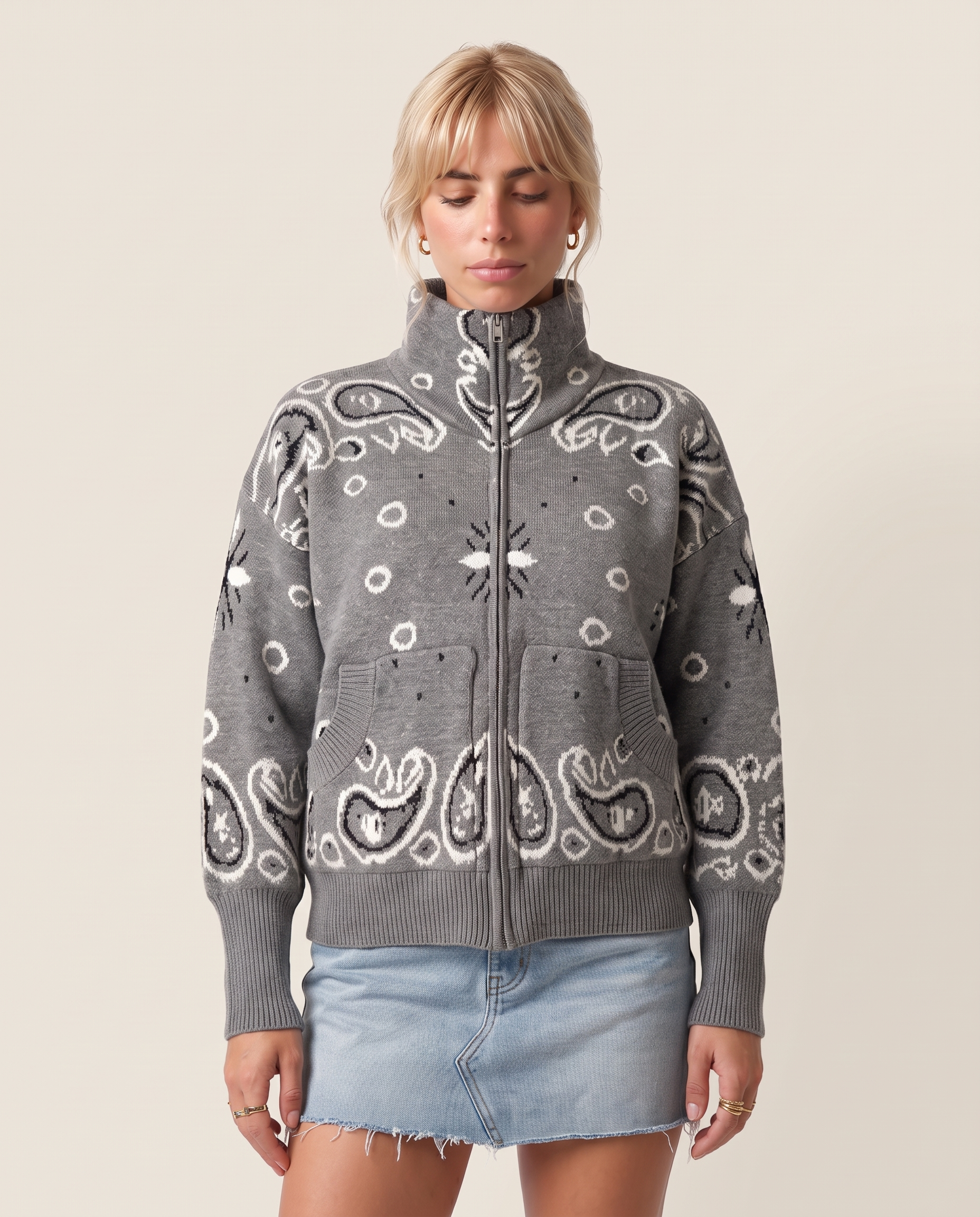 Grey Paisley-Print Zip Turtleneck Cardigan — main view