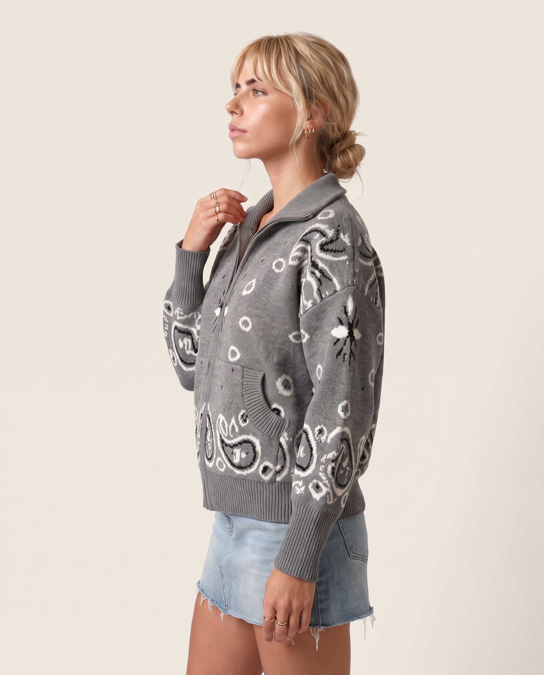 Grey Paisley-Print Zip Turtleneck Cardigan — product view 2