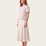 Kit checked top and midi skirt — three-quarter view with tan flat sandals