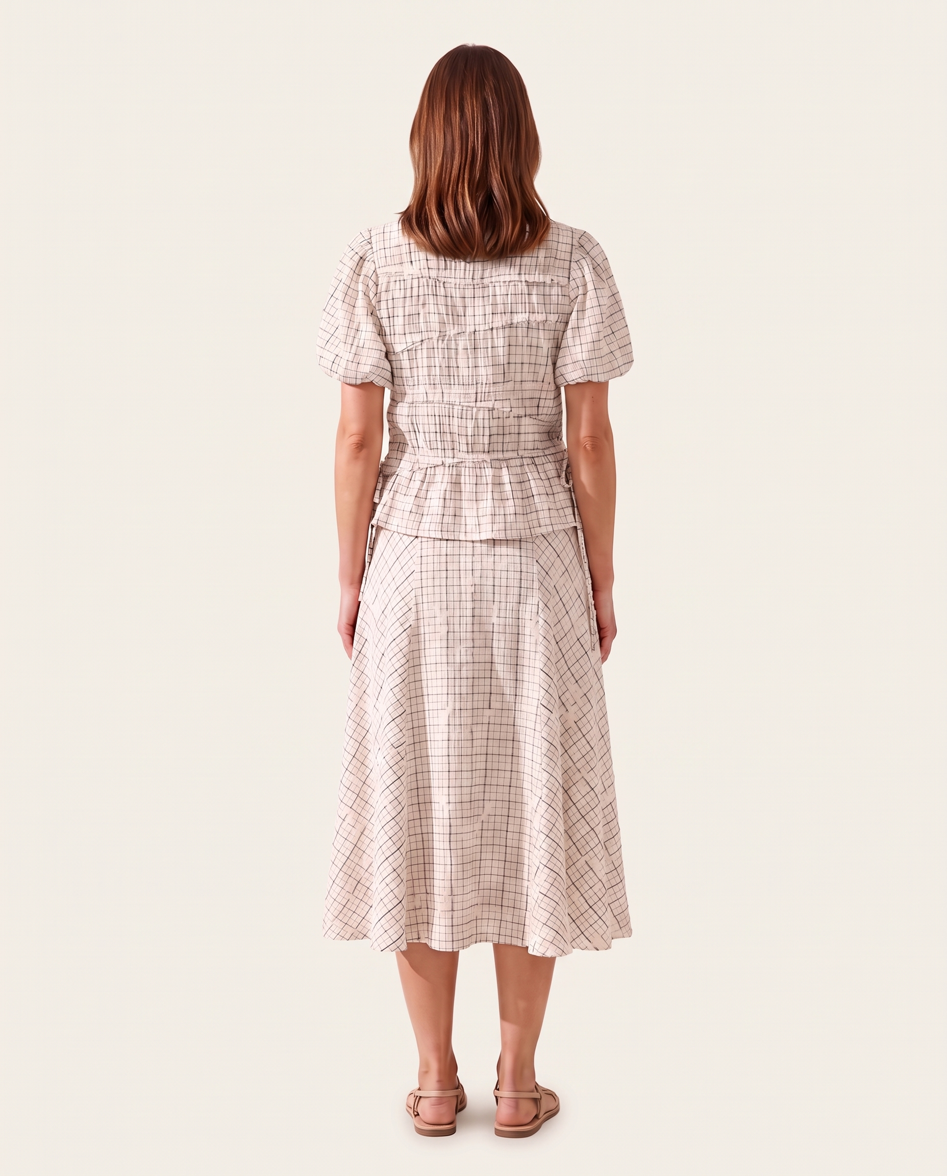 Kit checked top and midi skirt — full-length back view