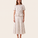 Kit checked puff sleeve top and midi skirt, full-length front view