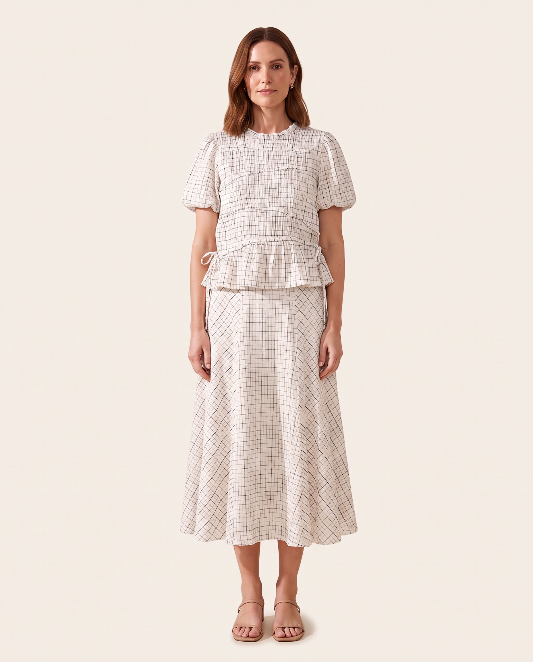 Kit checked puff sleeve top and midi skirt, full-length front view
