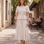 Kit checked top and midi skirt — Fremantle lane lifestyle with tan flat sandals