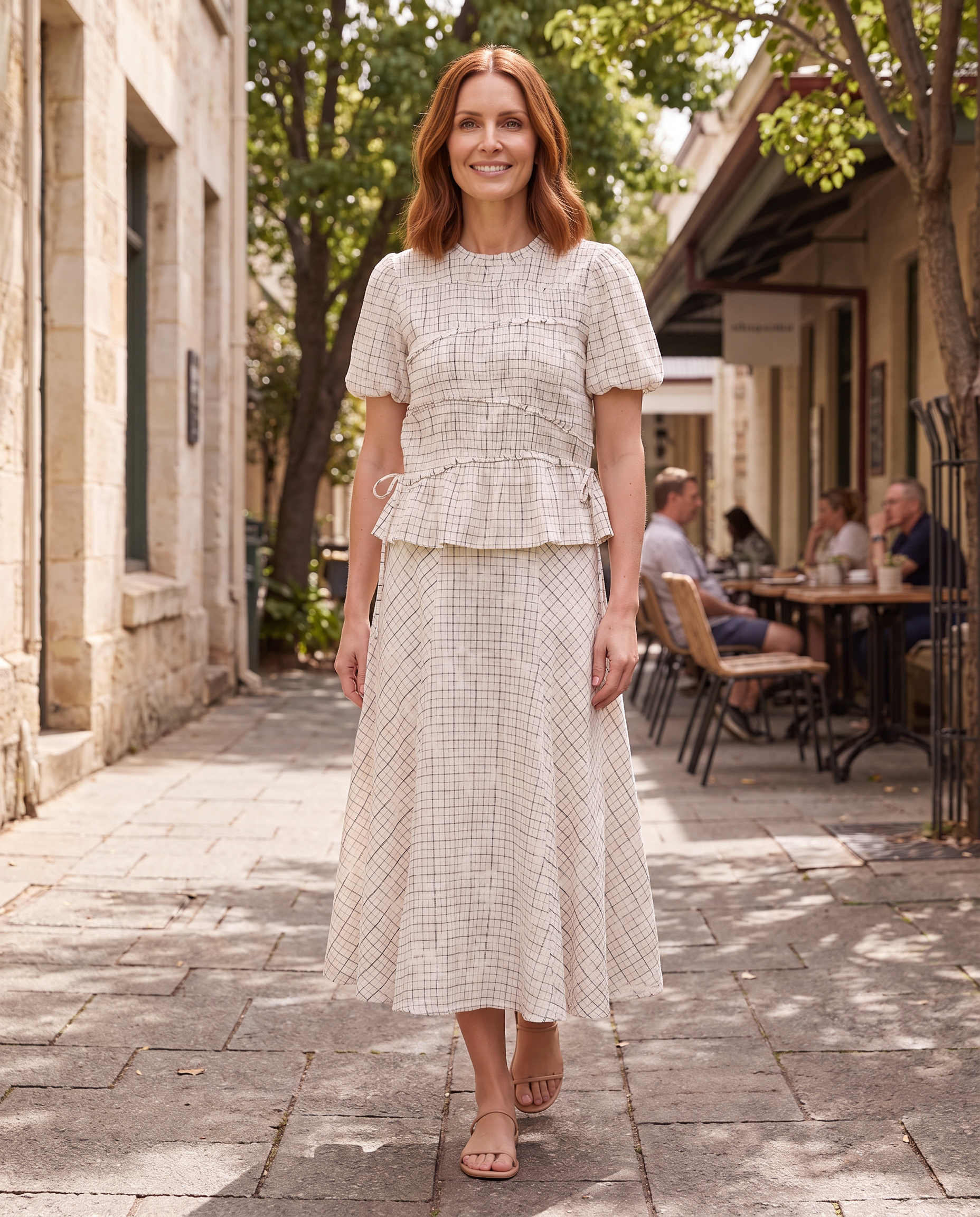 Kit checked top and midi skirt — Fremantle lane lifestyle with tan flat sandals
